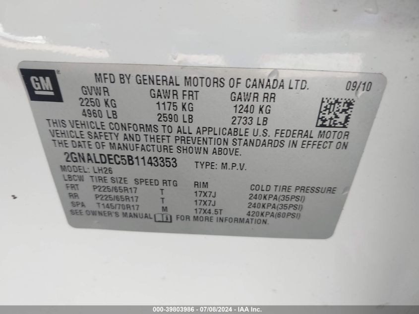 2011 Chevrolet Equinox 1Lt VIN: 2GNALDEC5B1143353 Lot: 39803986