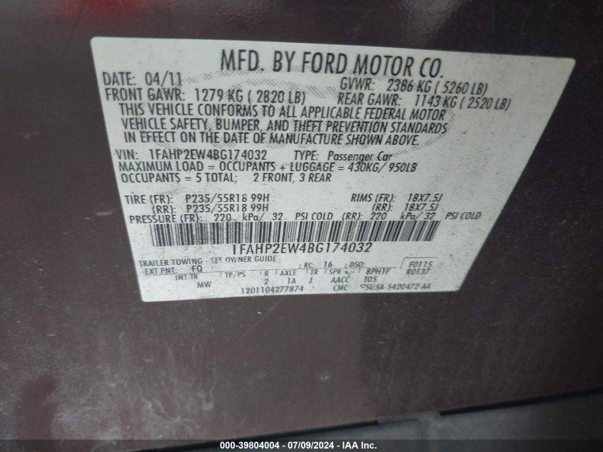 2011 Ford Taurus Sel VIN: 1FAHP2EW4BG174032 Lot: 39804004