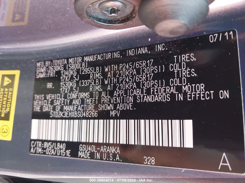 2011 Toyota Highlander Se V6 VIN: 5TDZK3EHXBS048266 Lot: 39804014