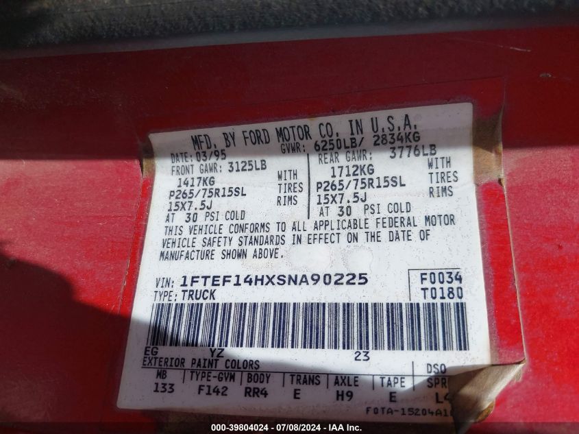 1995 Ford F150 VIN: 1FTEF14HXSNA90225 Lot: 39804024