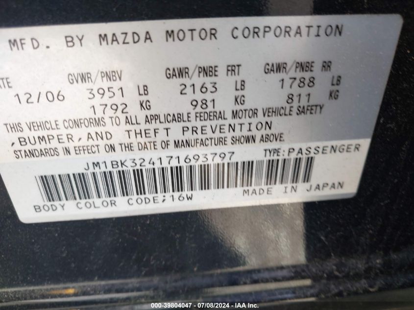 2007 Mazda Mazda3 S Grand Touring VIN: JM1BK324171693797 Lot: 39804047