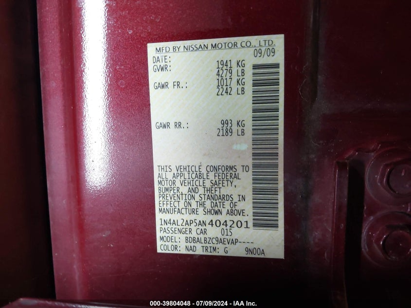 2010 Nissan Altima 2.5 S VIN: 1N4AL2AP5AN404201 Lot: 39804048