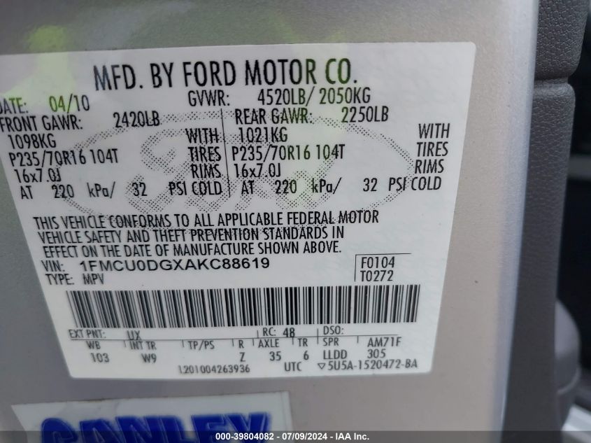 2010 Ford Escape Xlt VIN: 1FMCU0DGXAKC88619 Lot: 39804082