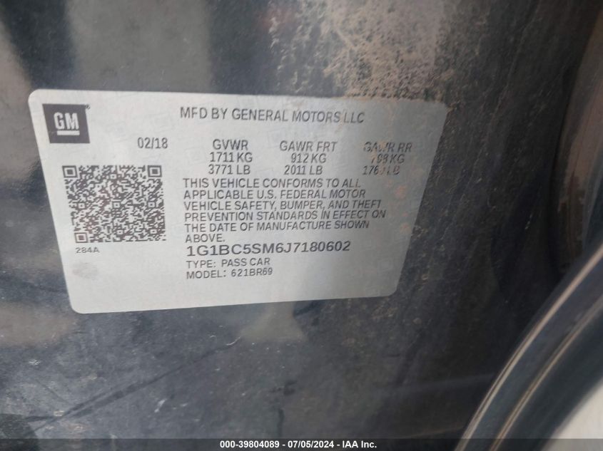 2018 Chevrolet Cruze Ls Auto VIN: 1G1BC5SM6J7180602 Lot: 39804089