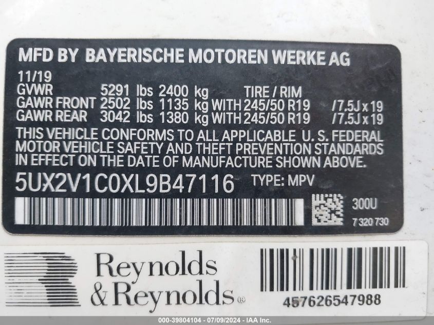 2020 BMW X4 xDrive30I VIN: 5UX2V1C0XL9B47116 Lot: 39804104