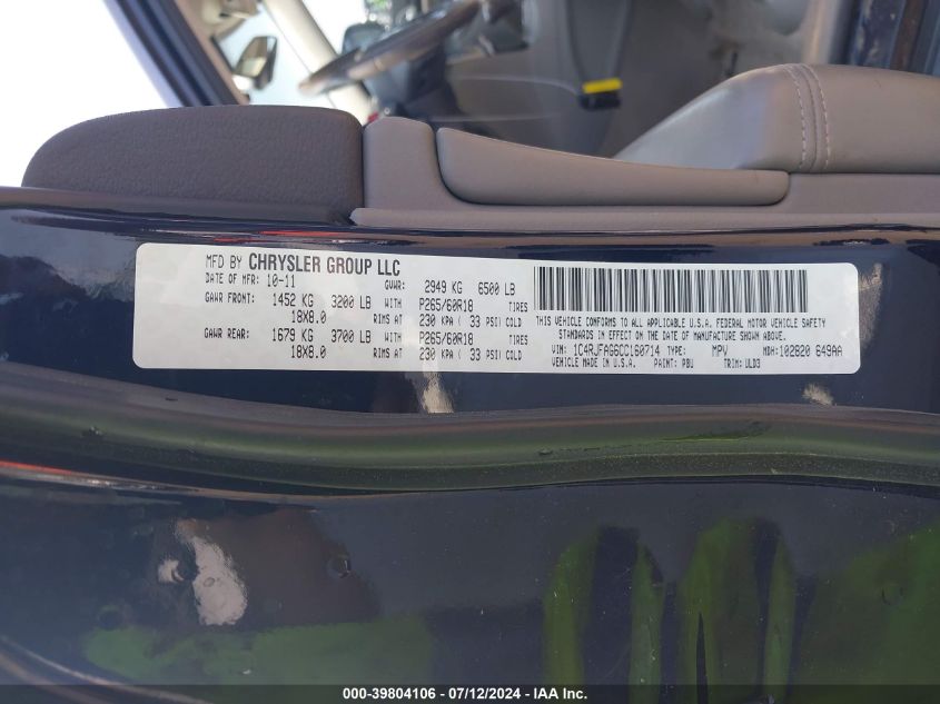 2012 Jeep Grand Cherokee Laredo VIN: 1C4RJFAG6CC160714 Lot: 39804106