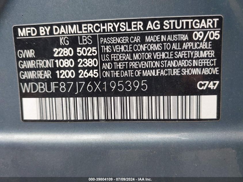 2006 Mercedes-Benz E 350 4Matic VIN: WDBUF87J76X195395 Lot: 39804109