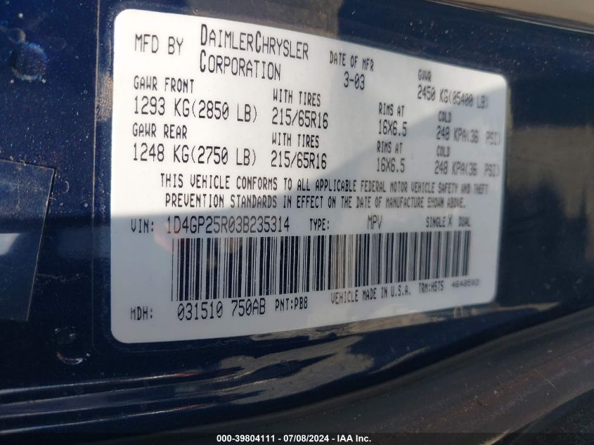 2003 Dodge Caravan Se VIN: 1D4GP25R03B235314 Lot: 39804111