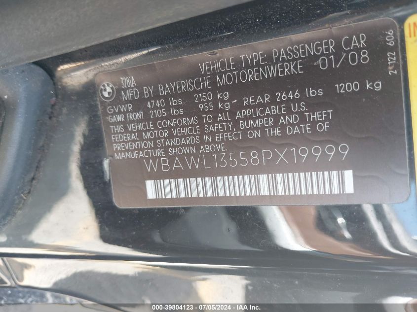 2008 BMW 328I VIN: WBAWL13558PX19999 Lot: 39804123