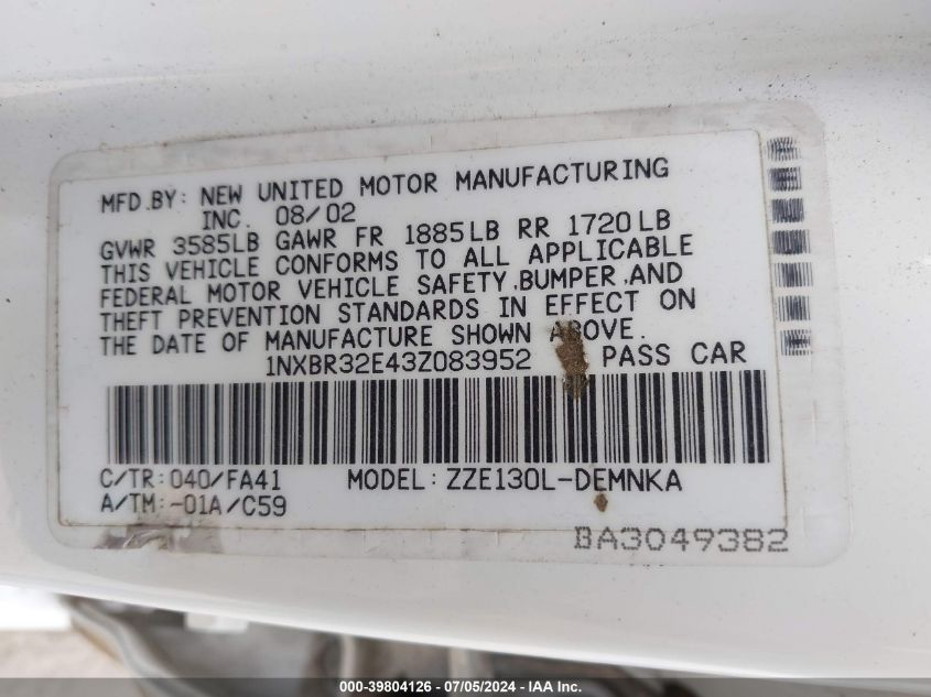 2003 Toyota Corolla Le VIN: 1NXBR32E43Z083952 Lot: 39804126