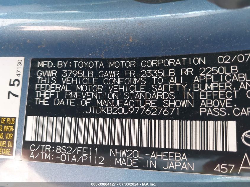 2007 Toyota Prius VIN: JTDKB20U977627671 Lot: 39804127