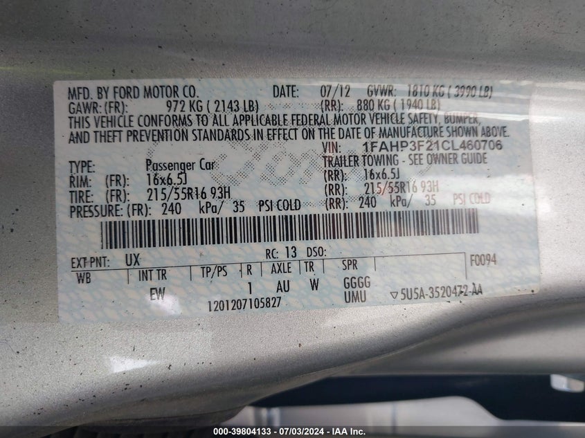 2012 Ford Focus Se VIN: 1FAHP3F21CL460706 Lot: 39804133