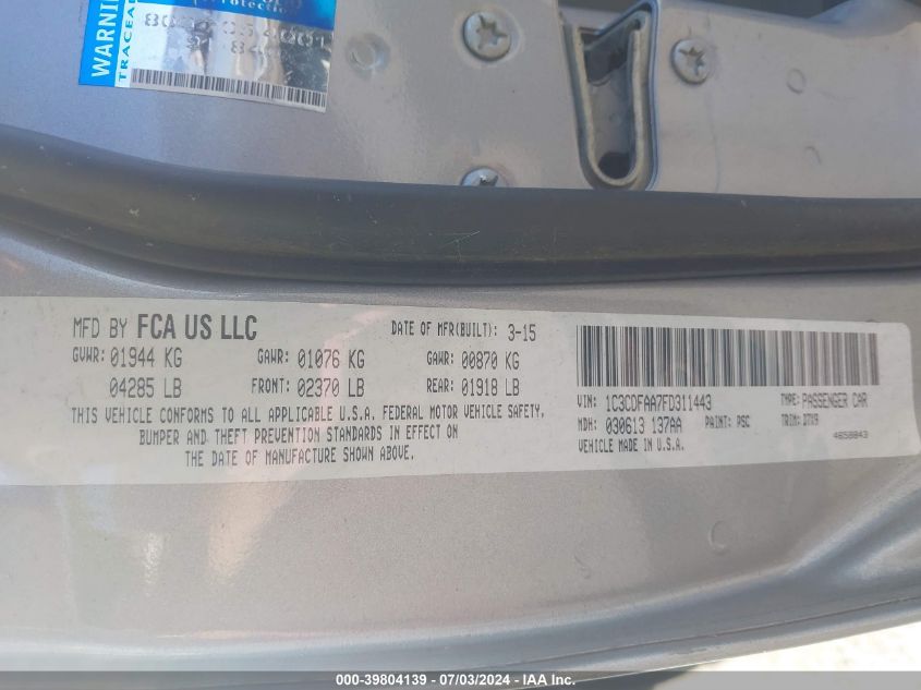 2015 Dodge Dart Se VIN: 1C3CDFAA7FD311443 Lot: 39804139