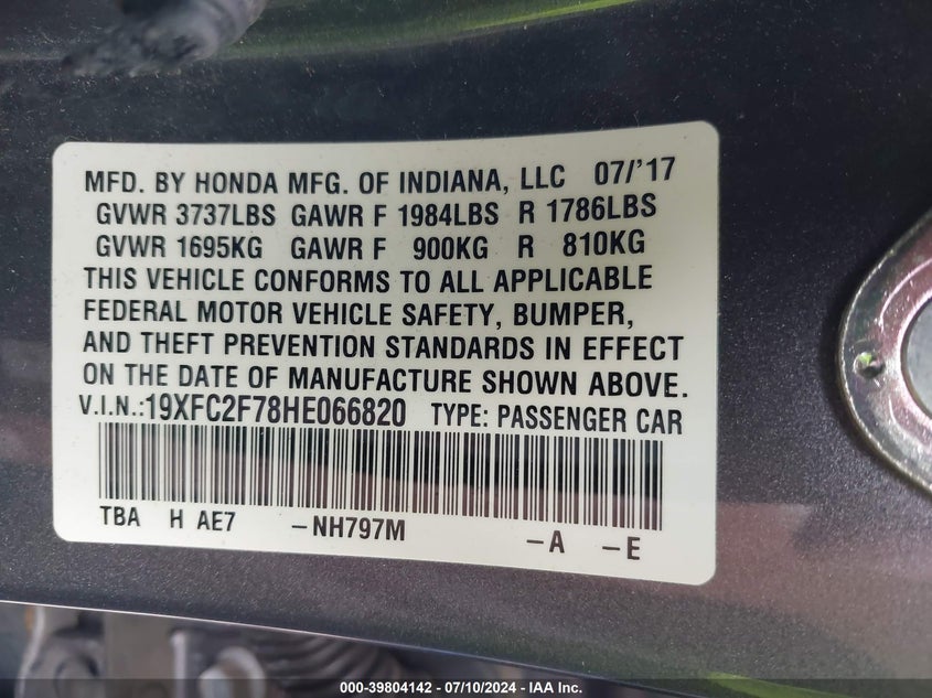 2017 HONDA CIVIC EX - 19XFC2F78HE066820