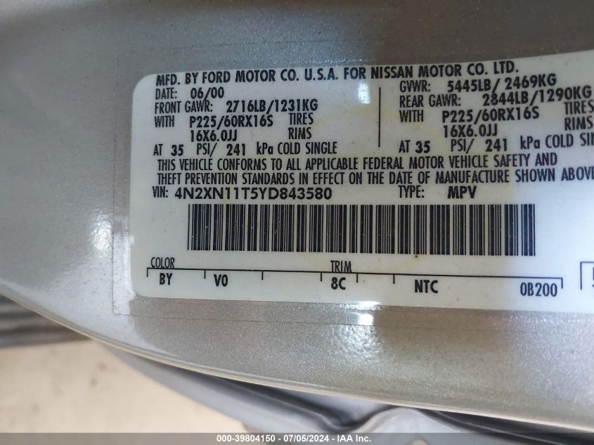 2000 Nissan Quest Se/Gle/Gxe VIN: 4N2XN11T5YD843580 Lot: 39804150