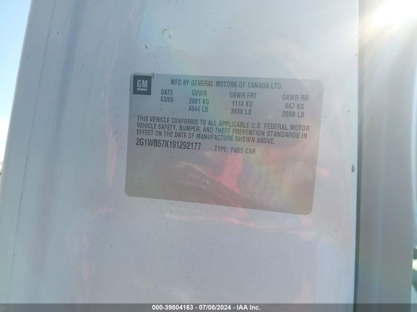 2009 Chevrolet Impala Ls VIN: 2G1WB57K191292177 Lot: 39804163