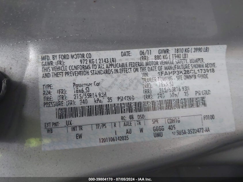 2012 Ford Focus Se VIN: 1FAHP3K28CL173918 Lot: 39804170