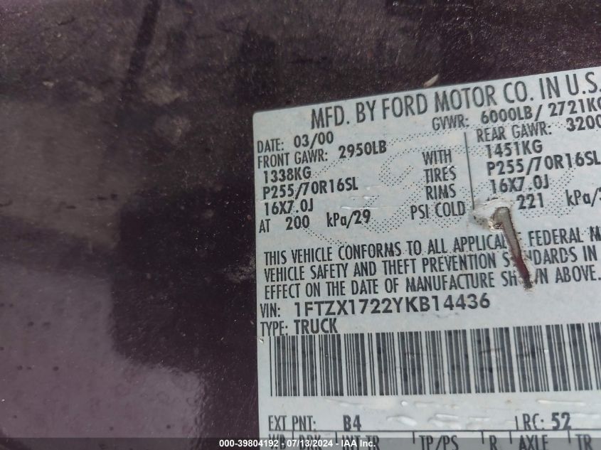 2000 Ford F150 VIN: 1FTZX1722YKB14436 Lot: 39804192