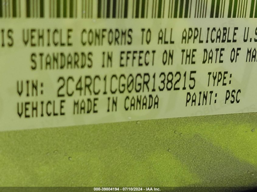 2016 Chrysler Town & Country Touring-L Anniversary Edition VIN: 2C4RC1CG0GR138215 Lot: 39804194