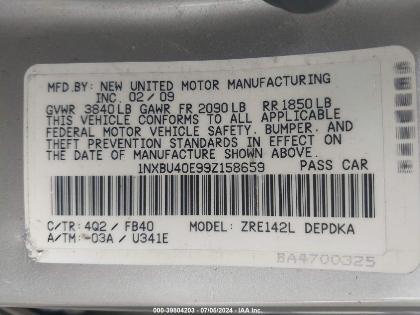 2009 Toyota Corolla Le VIN: 1NXBU40E99Z158659 Lot: 39804203