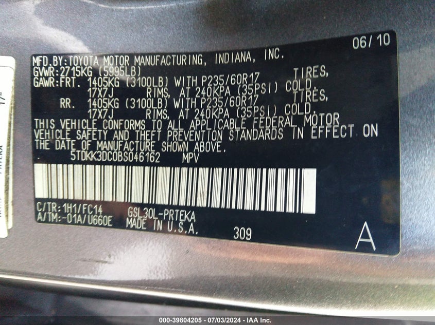 2011 Toyota Sienna Le V6 VIN: 5TDKK3DC0BS046162 Lot: 39804205