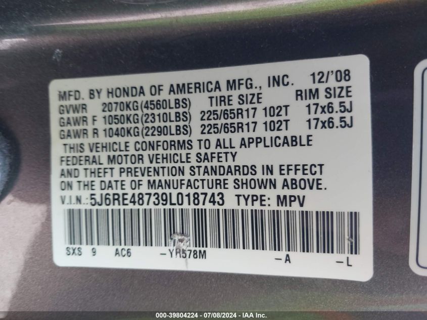 2009 Honda Cr-V Exl VIN: 5J6RE48739L018743 Lot: 39804224