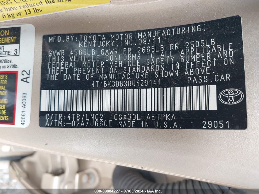 2011 Toyota Avalon Limited VIN: 4T1BK3DB3BU429141 Lot: 39804227