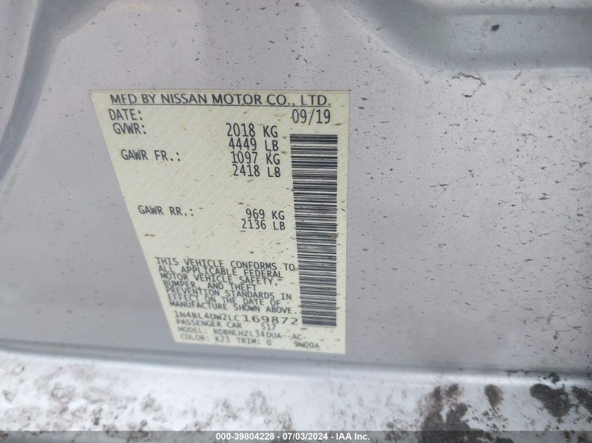 2020 Nissan Altima Sv Intelligent Awd VIN: 1N4BL4DW2LC169872 Lot: 39804228