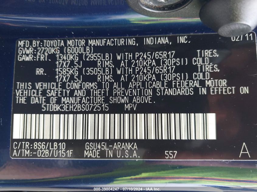 2011 Toyota Highlander Se V6 VIN: 5TDBK3EH2BS072515 Lot: 39804247