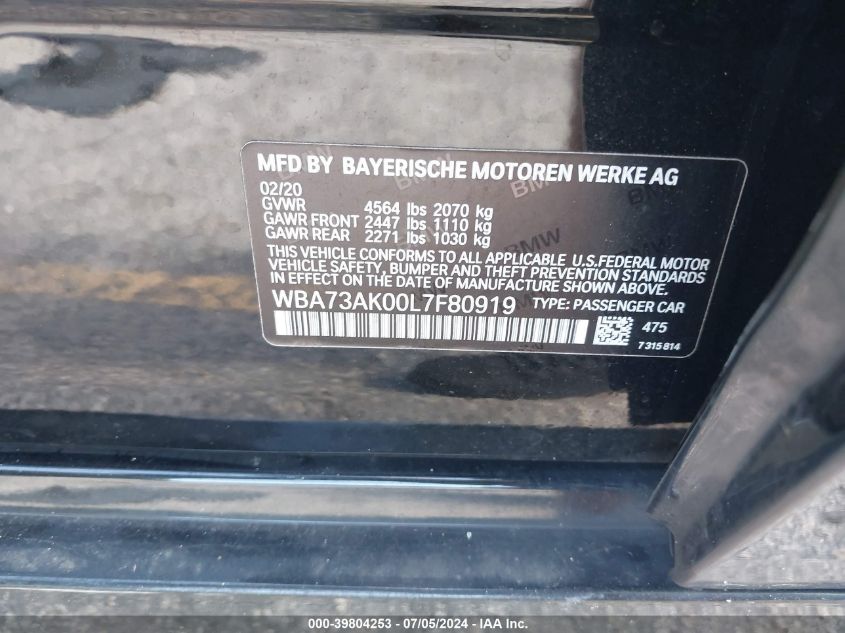 2020 BMW 228I Gran Coupe xDrive VIN: WBA73AK00L7F80919 Lot: 39804253