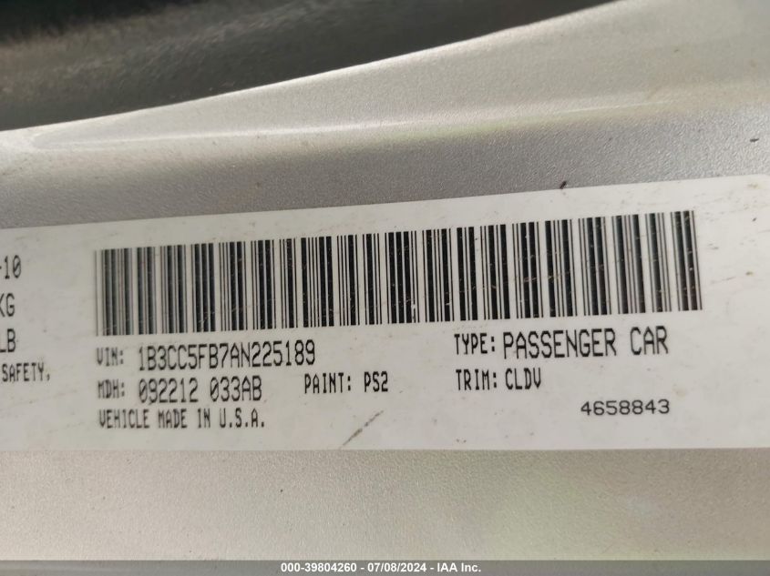 2010 Dodge Avenger R/T VIN: 1B3CC5FB7AN225189 Lot: 39804260