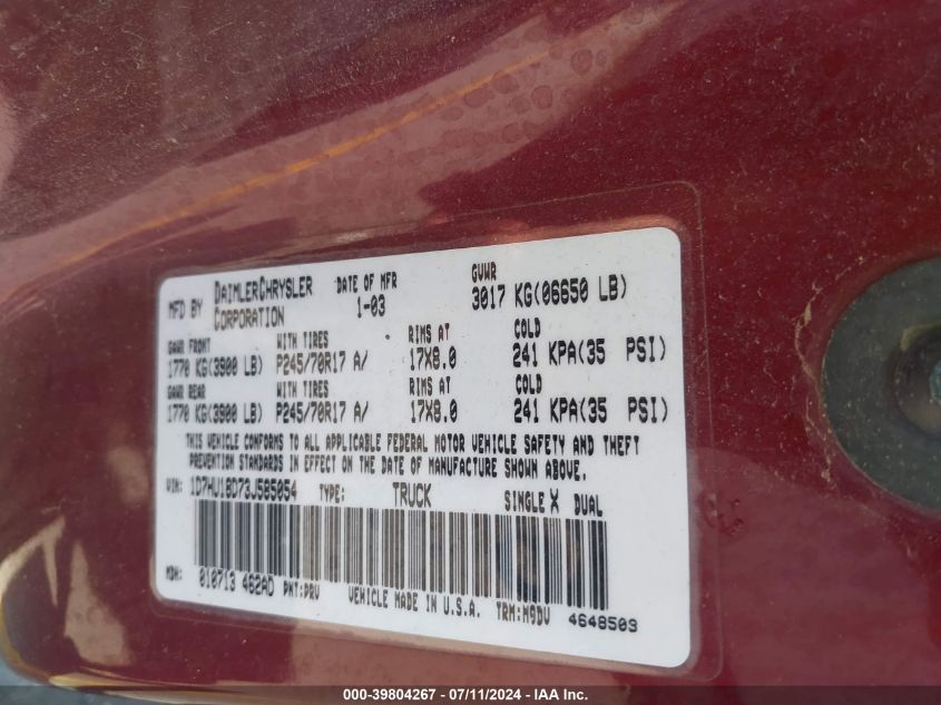 2003 Dodge Ram 1500 Slt/Laramie/St VIN: 1D7HU18D73J585054 Lot: 39804267