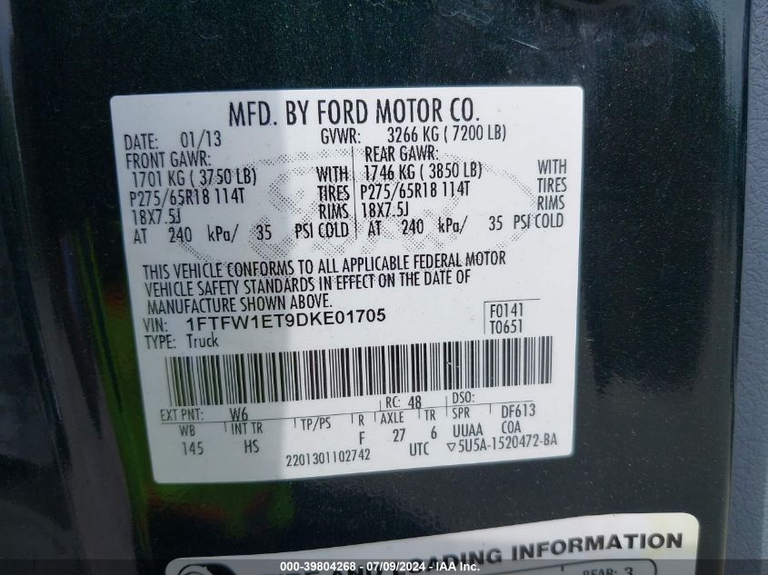 2013 Ford F-150 Lariat VIN: 1FTFW1ET9DKE01705 Lot: 39804268