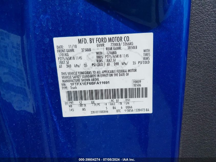 2011 Ford F-150 Xlt VIN: 1FTFX1EF6BFA11691 Lot: 39804274