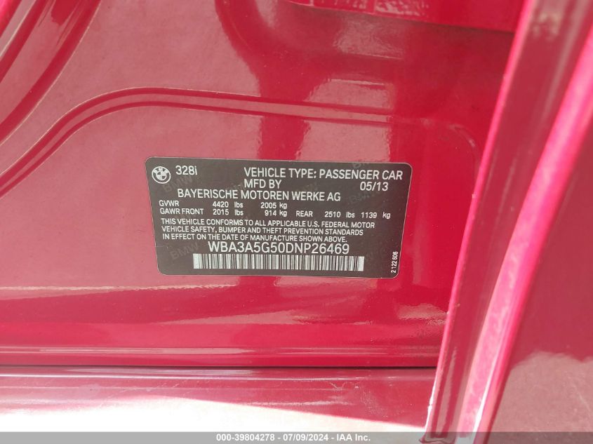 2013 BMW 328I VIN: WBA3A5G50DNP26469 Lot: 39804278