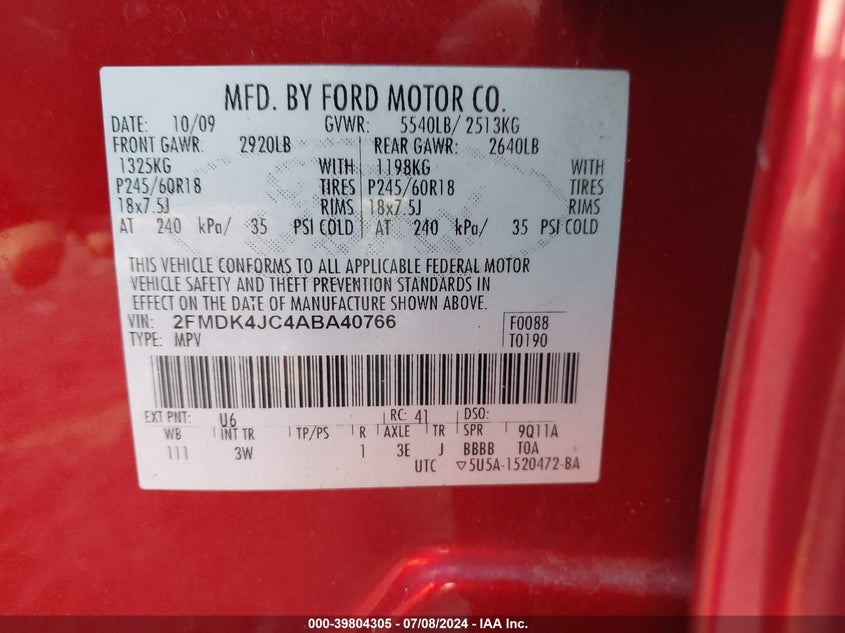 2010 Ford Edge Sel VIN: 2FMDK4JC4ABA40766 Lot: 39804305