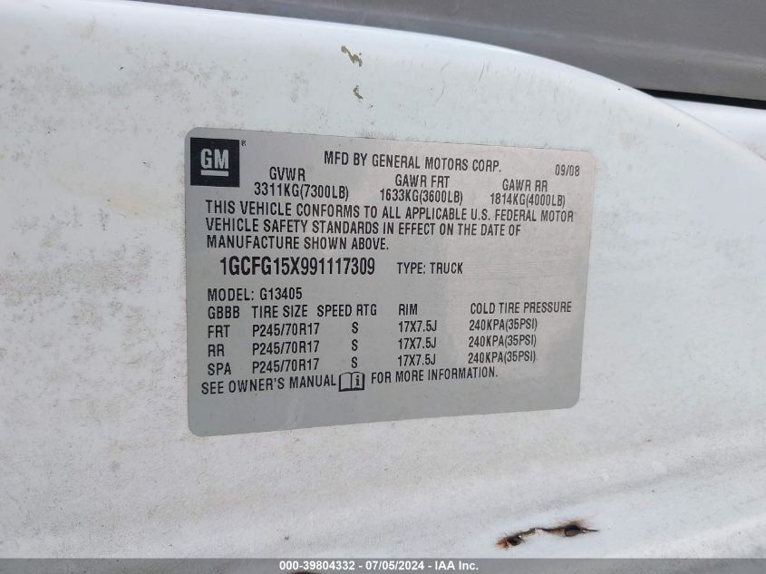 2009 Chevrolet Express 1500 Work Van VIN: 1GCFG15X991117309 Lot: 39804332