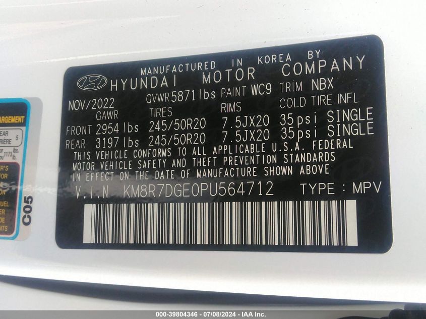 2023 Hyundai Palisade Calligraphy VIN: KM8R7DGE0PU564712 Lot: 39804346