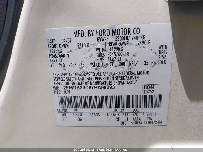 2007 Ford Edge Sel Plus VIN: 2FMDK39C87BA99293 Lot: 39804348