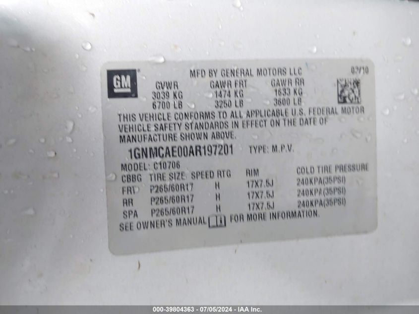 2010 Chevrolet Tahoe Ls VIN: 1GNMCAE00AR197201 Lot: 39804363