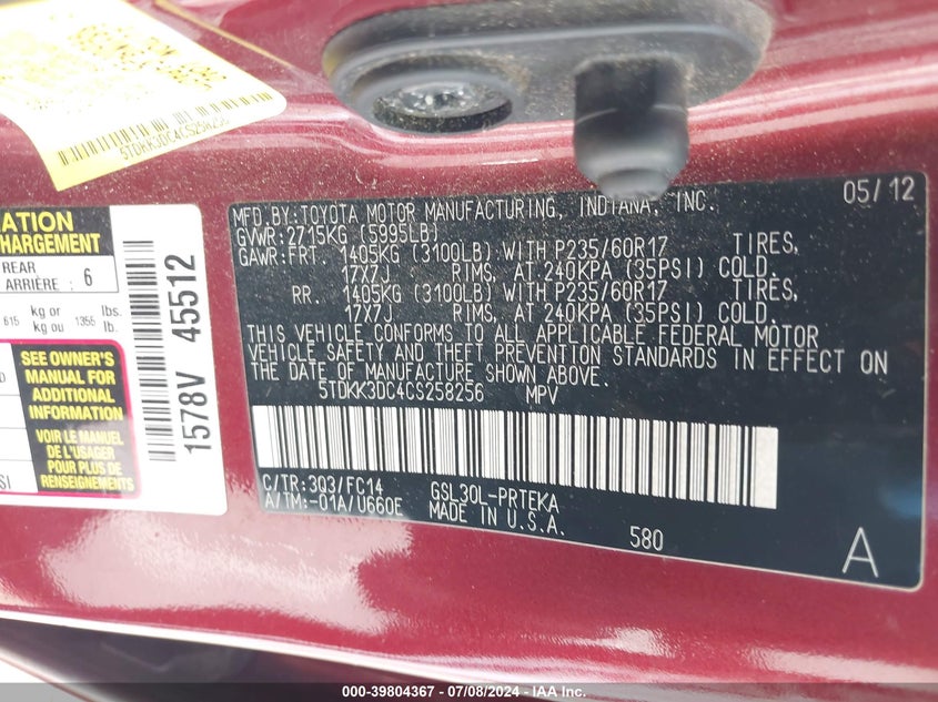 2012 Toyota Sienna Le V6 8 Passenger VIN: 5TDKK3DC4CS258256 Lot: 39804367