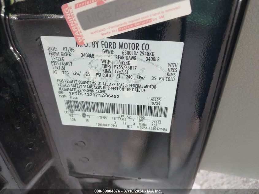 2007 Ford F-150 Stx/Xl/Xlt VIN: 1FTRF12297NA06452 Lot: 39804376