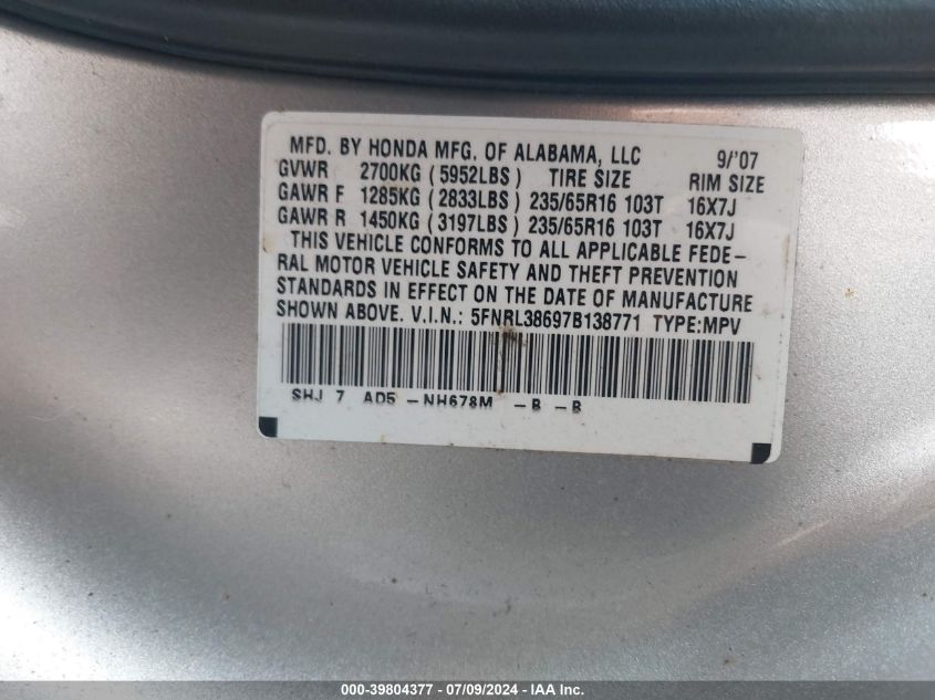 2007 Honda Odyssey Ex-L VIN: 5FNRL38697B138771 Lot: 39804377