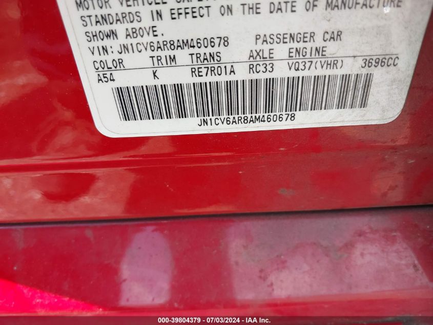 2010 Infiniti G37X VIN: JN1CV6AR8AM460678 Lot: 39804379