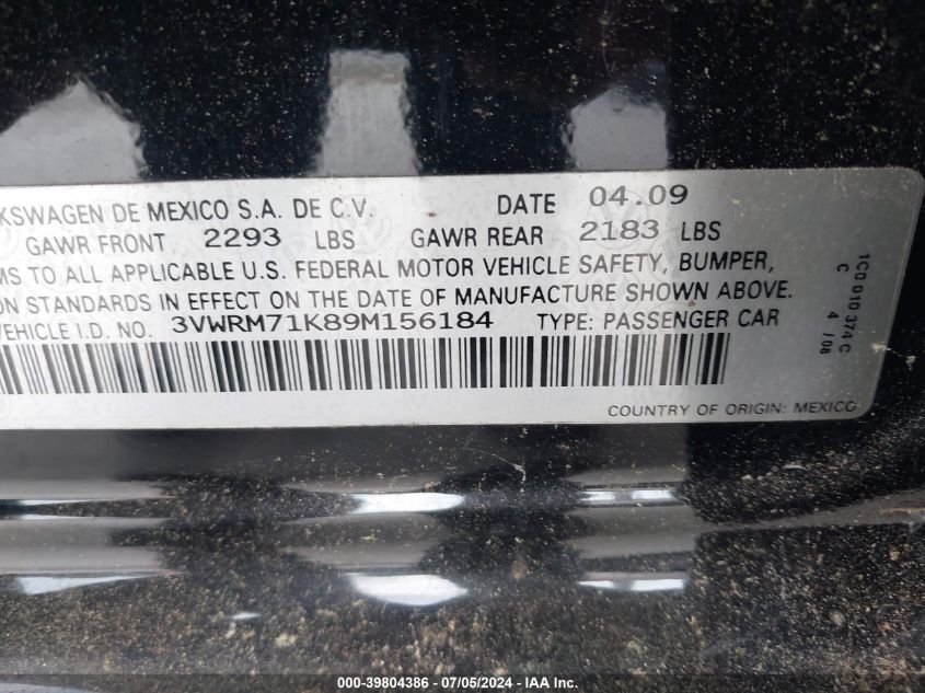 2009 Volkswagen Jetta Se VIN: 3VWRM71K89M156184 Lot: 39804386