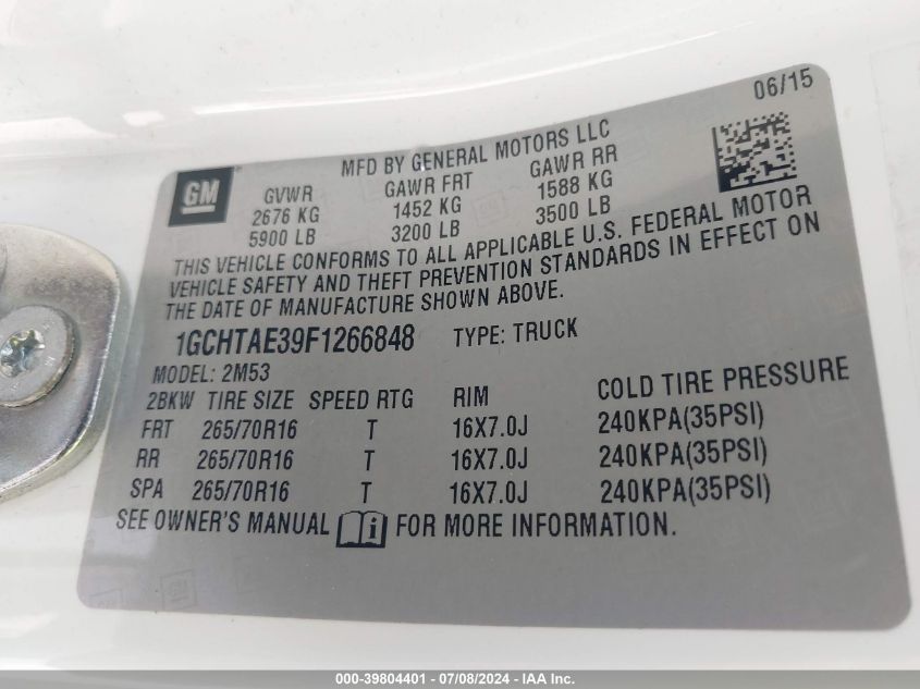 2015 Chevrolet Colorado VIN: 1GCHTAE39F1266848 Lot: 39804401