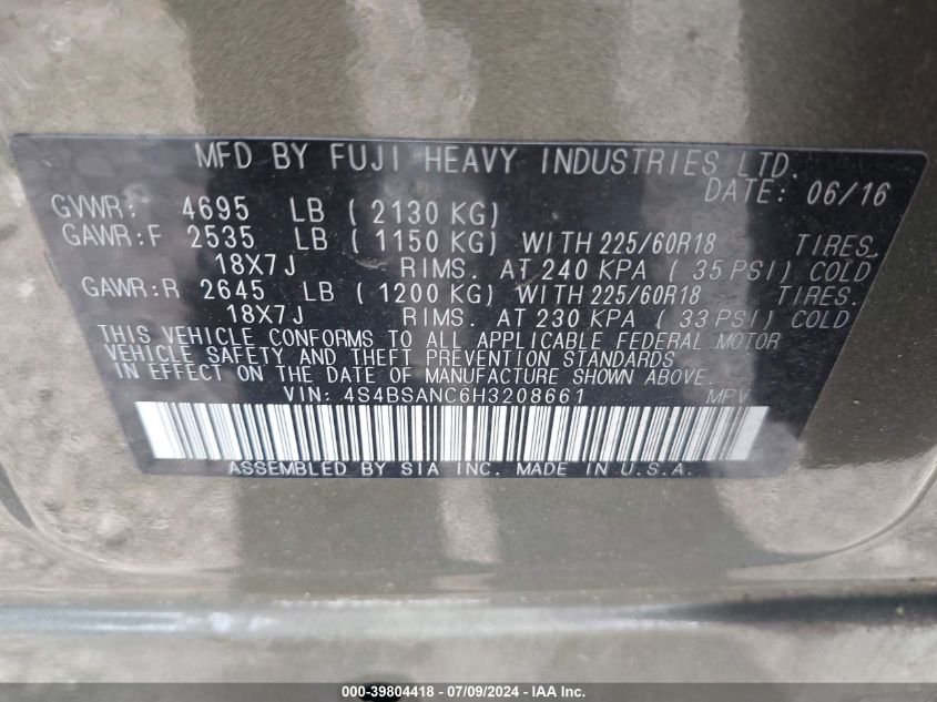 2017 Subaru Outback 2.5I Limited VIN: 4S4BSANC6H3208661 Lot: 39804418