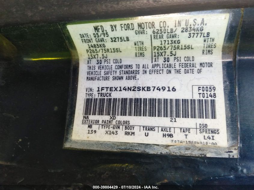 1995 Ford F150 VIN: 1FTEX14N2SKB74916 Lot: 39804429
