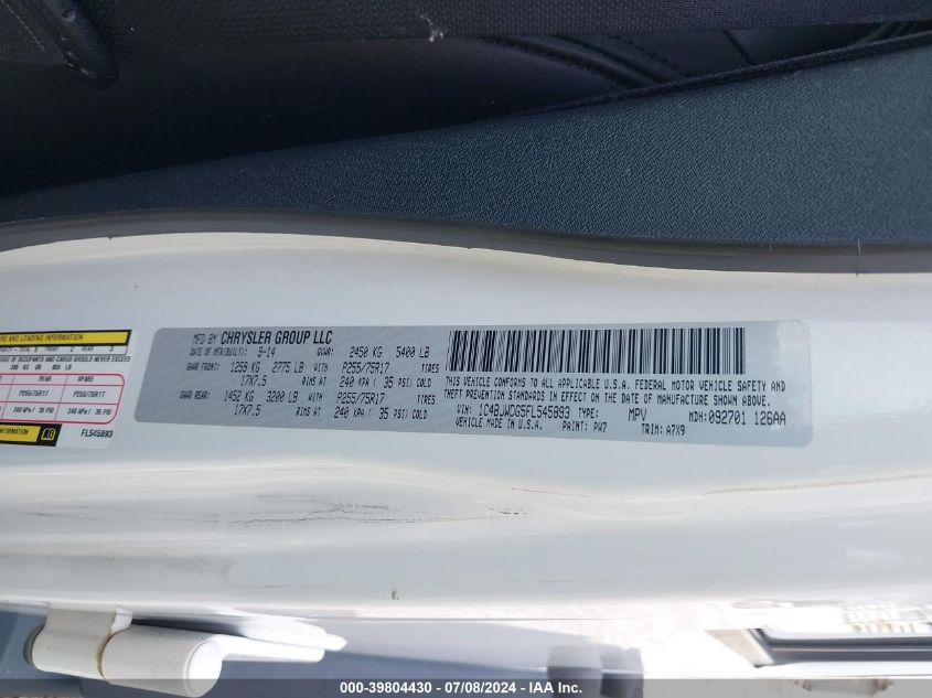 2015 Jeep Wrangler Unlimited Sport VIN: 1C4BJWDG5FL545893 Lot: 39804430