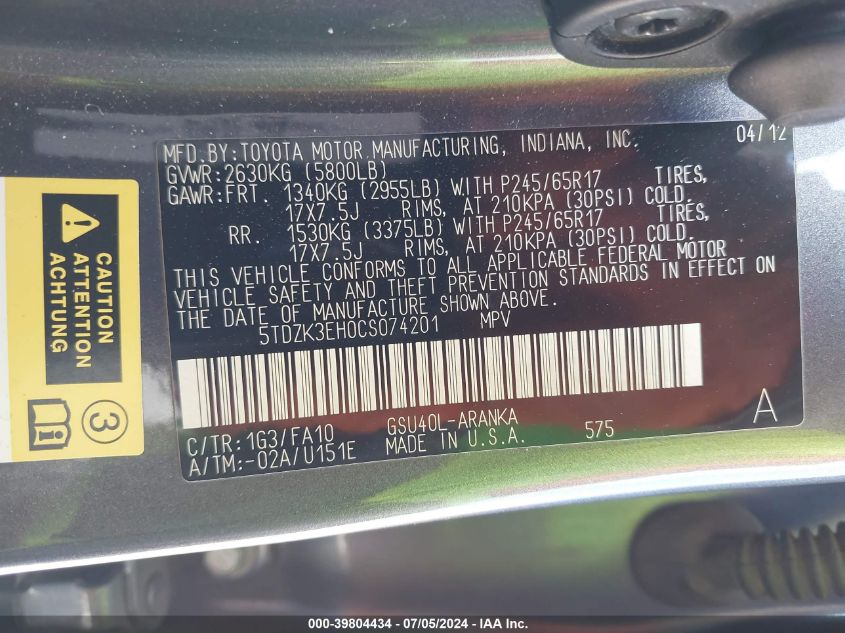 2012 Toyota Highlander Base V6 VIN: 5TDZK3EH0CS074201 Lot: 39804434